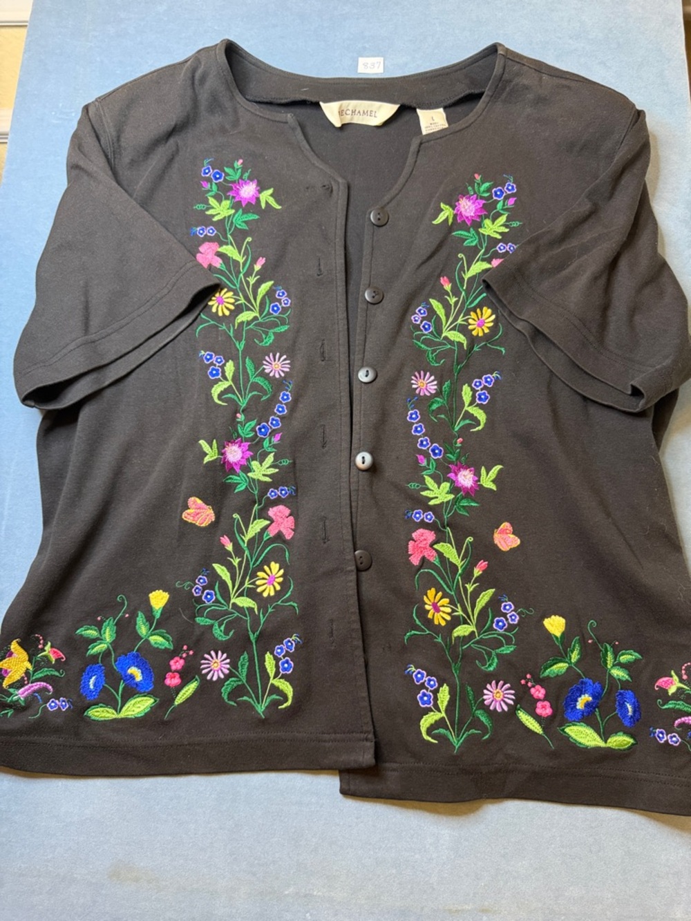 Vintage Bechamel Embroidered Floral Button-Up Cardigan - Black